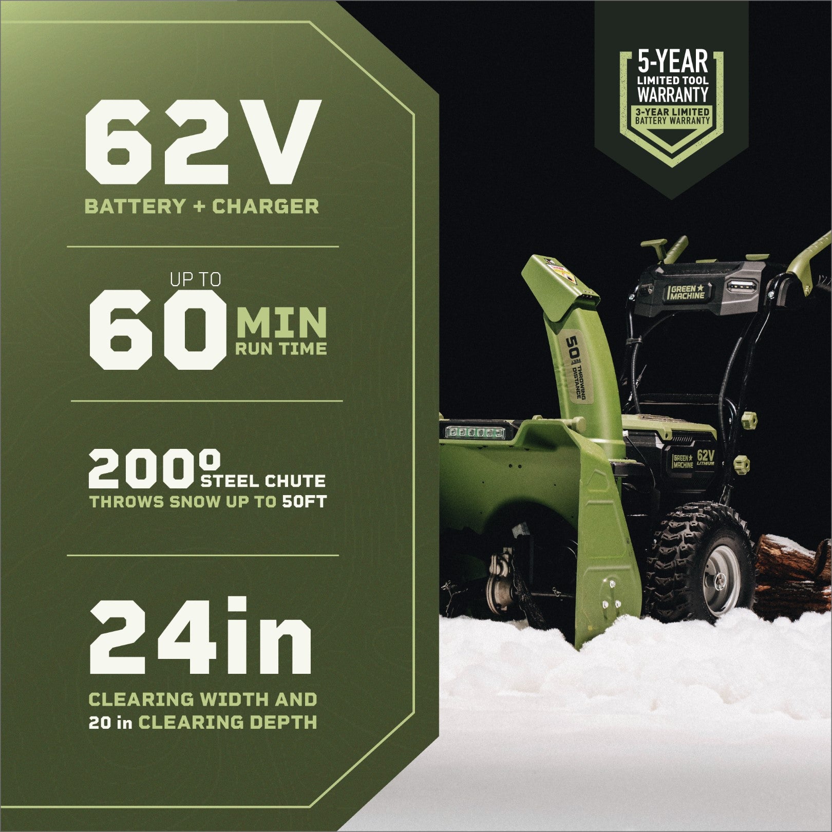 62V Cordless 24" Dual Stage Snow Blower with (2) 8.0 Ah Batteries