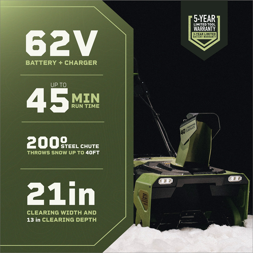 62V Cordless 21" Single Stage Snow Blower with (2) 4.0 Ah Batteries