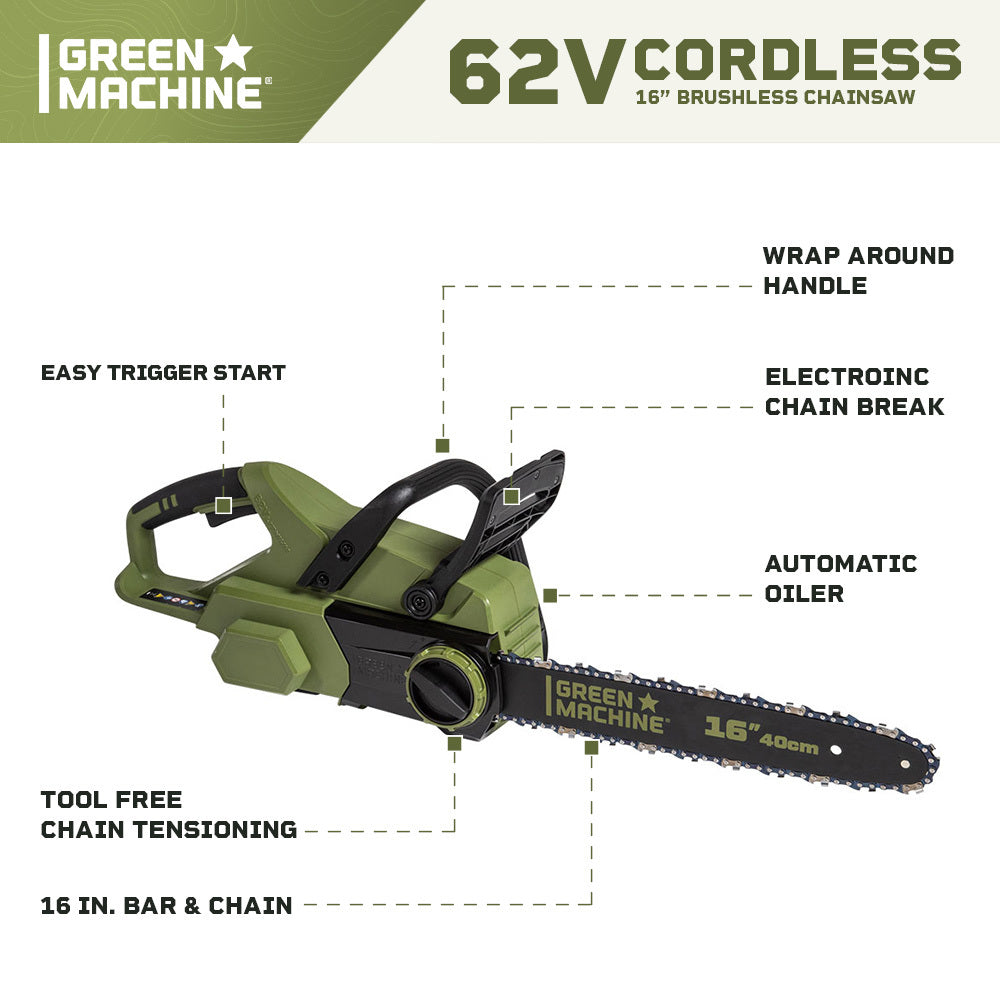 62V Cordless 16" Chainsaw with 4 Ah Battery and Charger