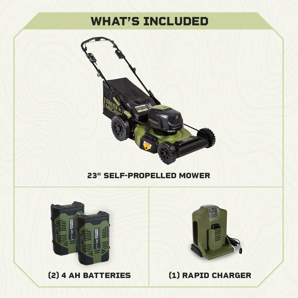 62V Brushless 23-inch Cordless Electric Self-Propelled Lawn Mower with two 4.0 Ah Batteries and Rapid Charger
