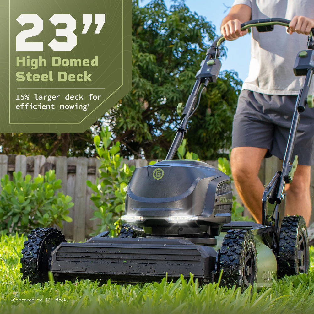 62V Brushless 23-inch Cordless Electric Self-Propelled Lawn Mower with two 4.0 Ah Batteries and Rapid Charger