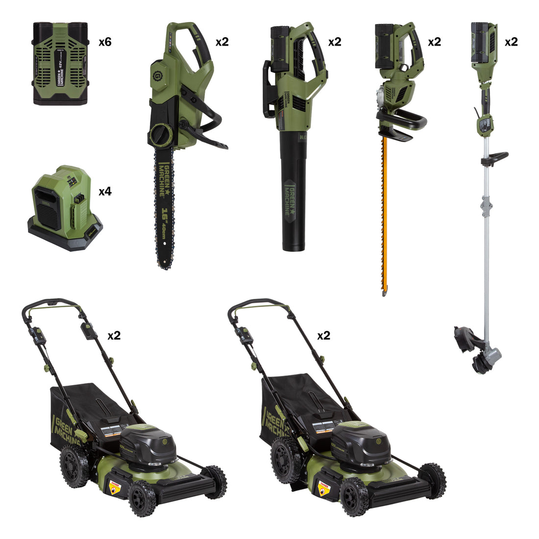 Green Machine battery, dual charger, chainsaw, blower, hedge trimmer, aluminum string trimmer, self-propelled mower, and push mower.