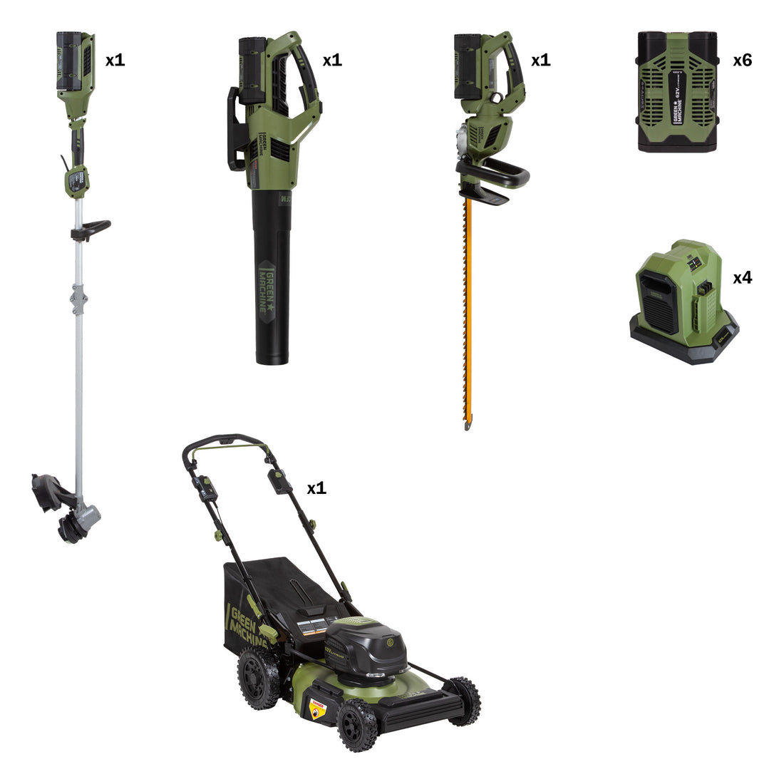 Green Machine aluminum string trimmer, blower, hedge trimmer, battery, dual charger, and self-propelled mower.
