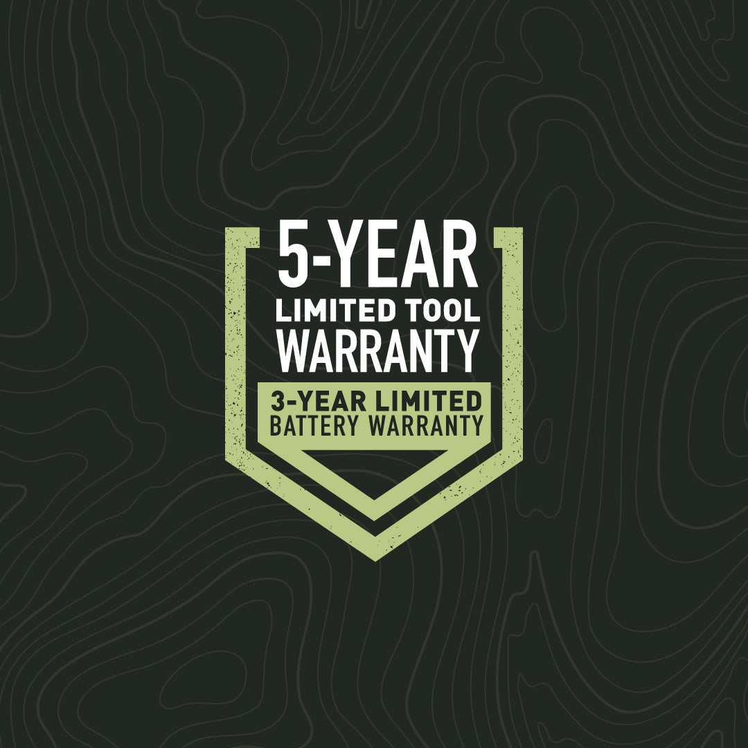 5-year limited tool warranty. 3-year limited battery warranty.