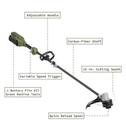 62V Cordless String Trimmer Carbon Fiber Shaft 16&quot; Cut Swath with 2.5 Ah Battery and Charger