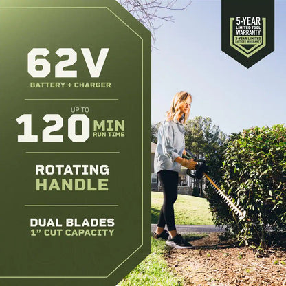 62V Cordless  25&quot; Hedge Trimmer with 2.5 Ah Battery and Rapid Charger