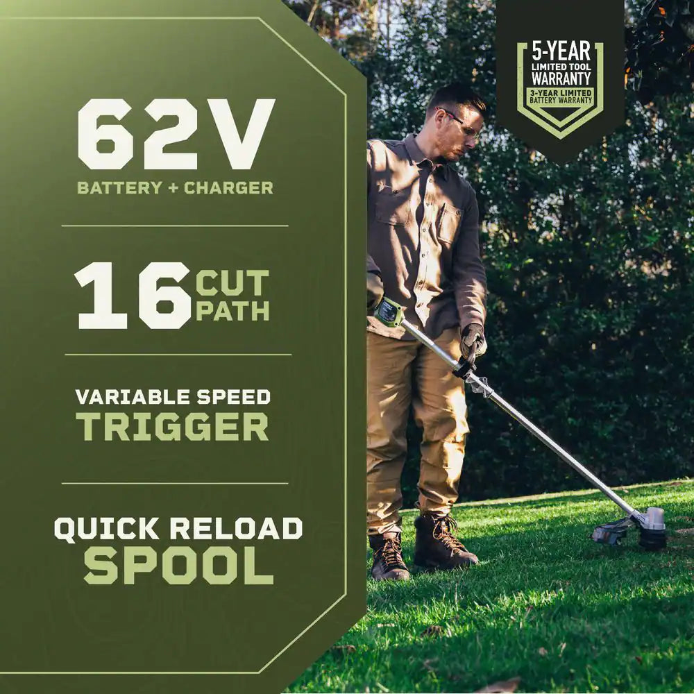 62V Cordless String Trimmer 16" Cut Path with 2.5 Ah Battery and Charger