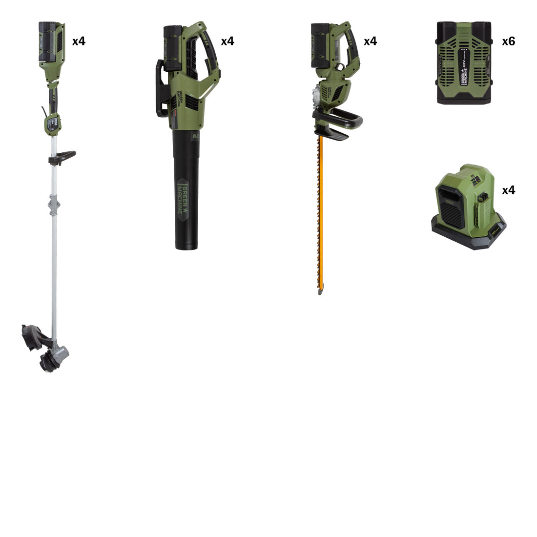 Green Machine aluminum string trimmer, blower, hedge trimmer, battery, and dual charger.