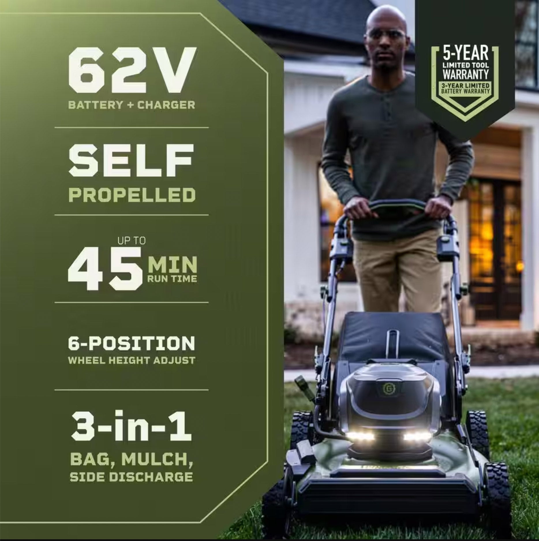 62V Cordless 22&quot; RWD Self-Propelled 3-in-1 High Wheel Walk Behind Mower with (2) 4 Ah Batteries and Charger