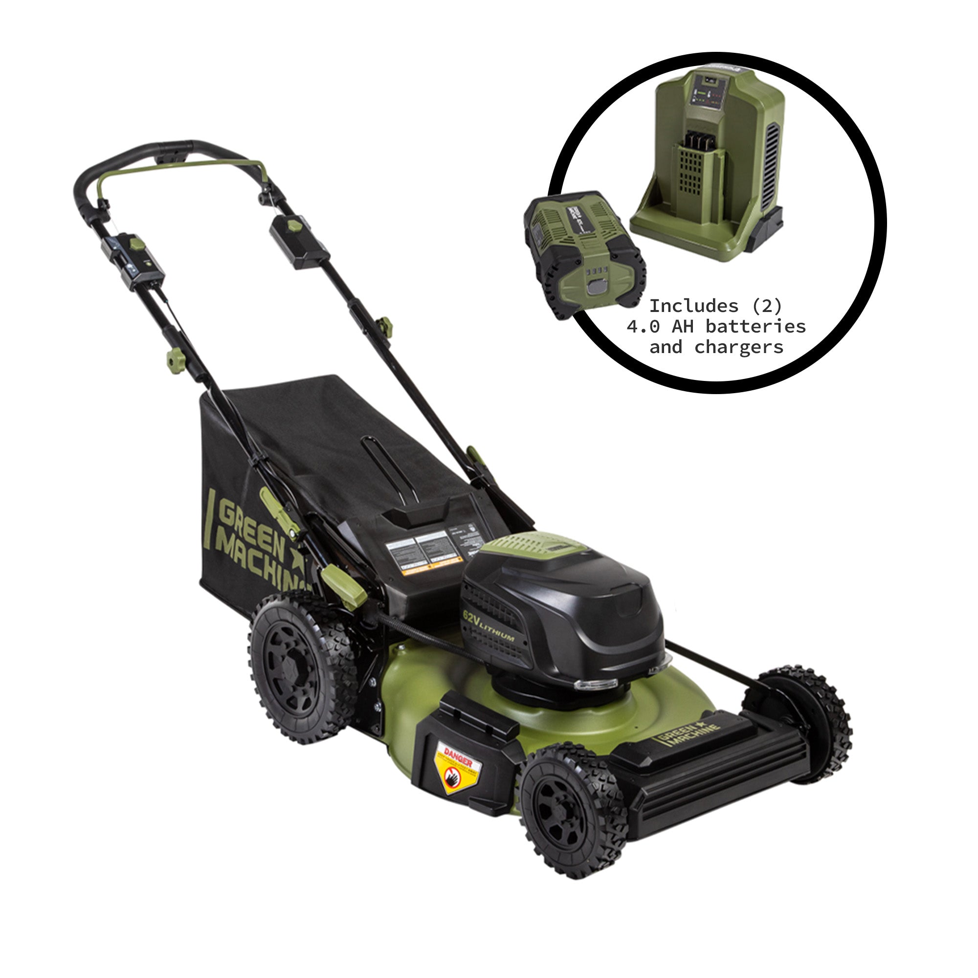 62V Cordless 22&quot; RWD Self-Propelled 3-in-1 High Wheel Walk Behind Mower with (2) 4 Ah Batteries and Charger